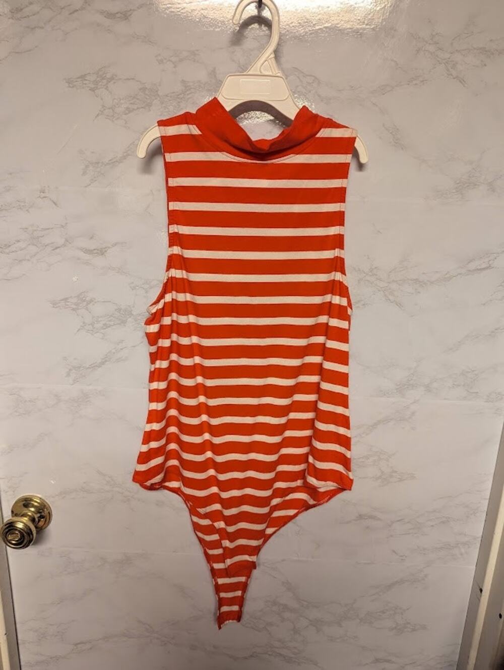 NEW Abound red white stripe sleeveless mock neck thong bodysuit Size Large layer
